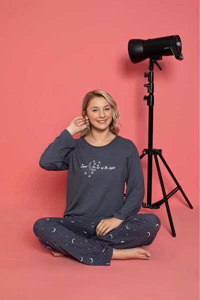 Temporium Women's Printed Patterned Long Sleeve Milan Fabric Bamboo Pajamas Set