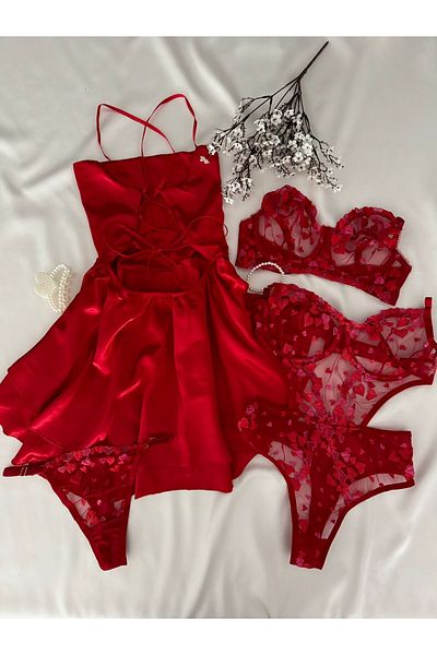 MH Moony Homewears Boxed Betül Satin Nightgown Lingerie Jumpsuit Dowry Set