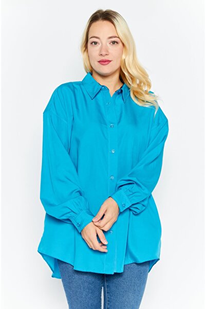 Esprit Women Spread Collar Long Sleeve Plain Oversized Shirt, Blue