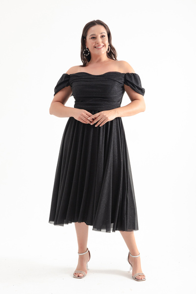 Lafaba Plus Size Draped Black Midi Evening Dress - Boat Neck Flared