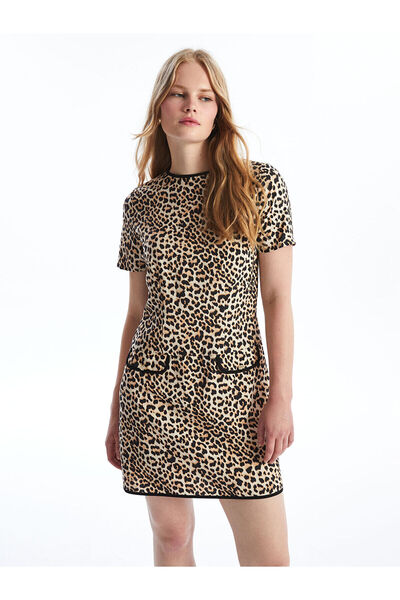 LC Waikiki Brown Crew Neck Leopard Print Short Sleeve Dress