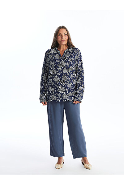 LC Waikiki Navy Blue Scoop Neck Patterned Long Sleeve Women's Blouse