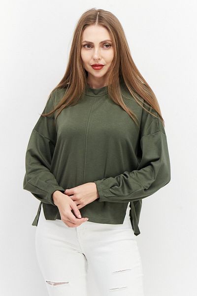 French Connection بلوزة نسائية سادة بأكمام طويلة وياقة عالية، كاكي