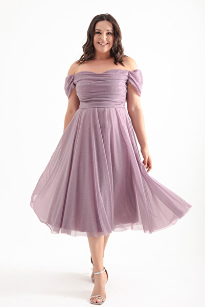 Lafaba Dámské večerní šaty v midi délce levandulové - lodičkový výstřih a svěšená rozšířená