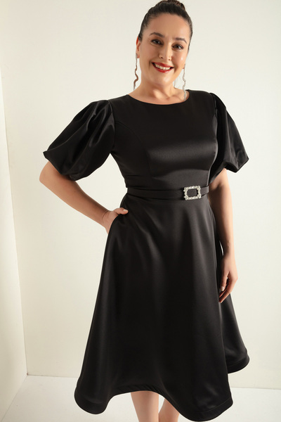 Lafaba Dámské černé saténové saténové šaty s balonovým rukávem s kamenným páskem