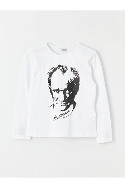 LC Waikiki Dziewczęcy T-shirt z długim rękawem i nadrukiem Ataturk z okrągłym dekoltem