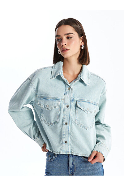 LC Waikiki Lcw Düz Uzun Kollu Crop Kadın Jean Gömlek Ceket