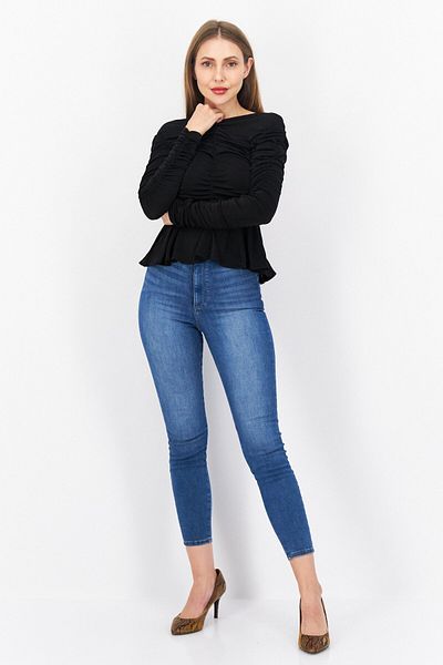 NA-KD Women V Neck Ruched Cutoff Back Long Sleeve Top, Black