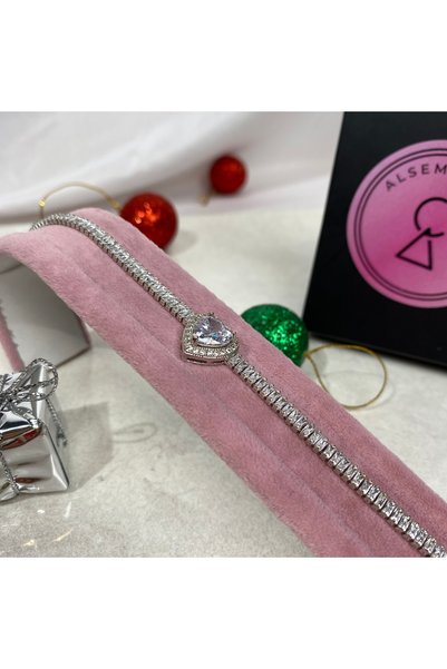 Alsem Silver Heart Embroidered Bracelet, Silver Heart Waterway Bracelet, Pandor, Heart Bracelet,
