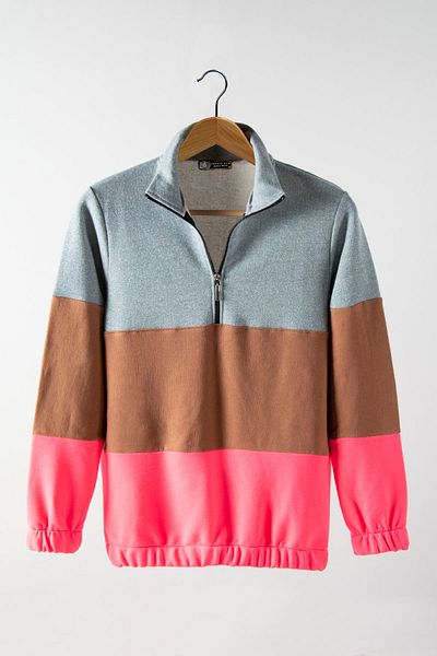 VEAVEN Γκρι, καφέ και φούξια φούτερ Three Block Unisex Trend Model - Μισό φερμουάρ, Άνετη εφαρμογή