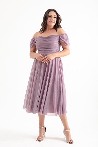 Lafaba Dámské večerní šaty v midi délce levandulové - lodičkový výstřih a svěšená rozšířená