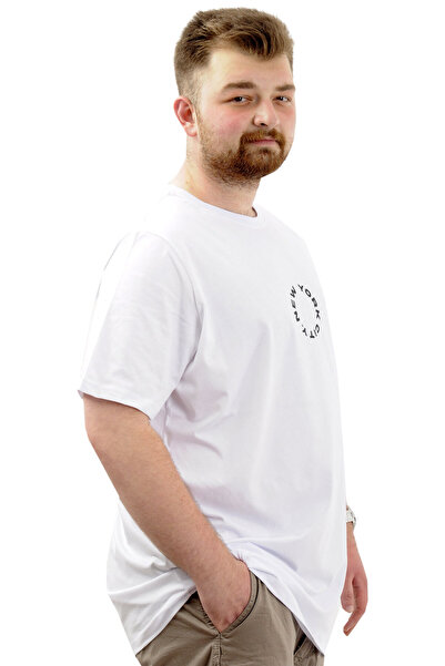 ModeXL Чоловіча біла футболка - велосипедна горловина, бавовняна, з принтом, NEW YORK U24081, великий розмір