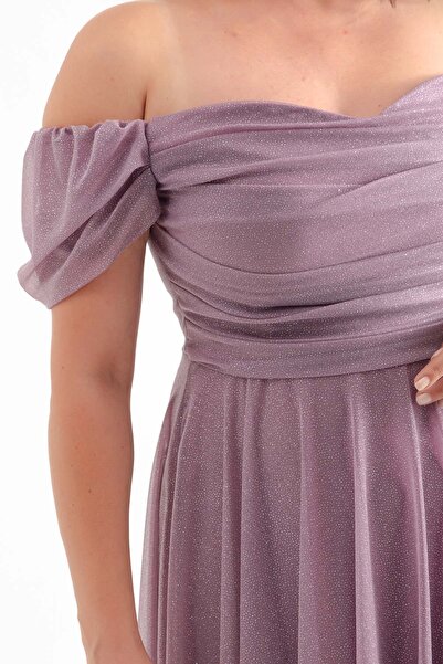 Lafaba Dámské večerní šaty v midi délce levandulové - lodičkový výstřih a svěšená rozšířená