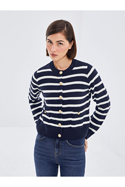 LC Waikiki Csíkos nyakú, hosszú ujjú női kötöttáru kardigán