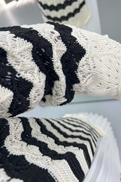 PDR Dünyası Cream Colored Striped Knitted Cardigan