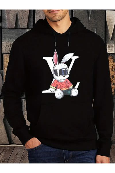 AEMİ Φούτερ με κουκούλα Unisex Rabbit Printed Oversize - 3 Thread Raster