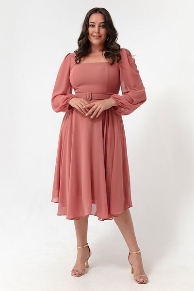 Lafaba Women's Salmon Square Collar Belted Midi Chiffon Plus Size Evening Dress