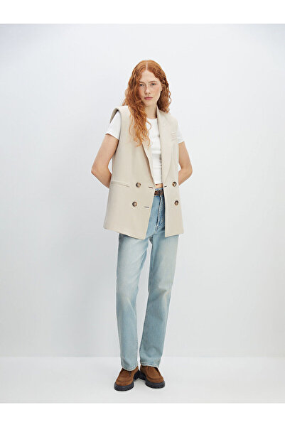 LC Waikiki Beige Double-Breasted Collar Plain Linen Blend Women's Classic Vest