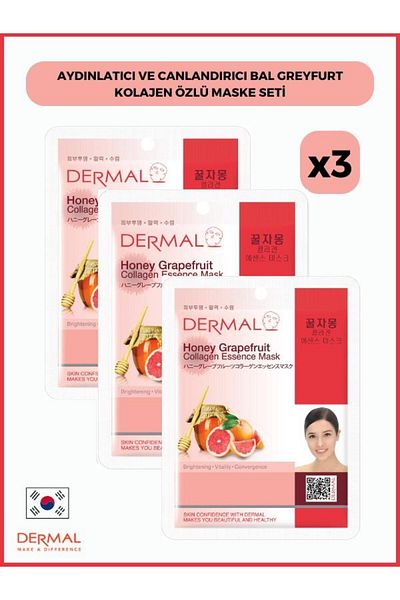 Dermal Honey Grapefruit Collagen Extract Mask - Brightening and Revitalizing, 23 Gr, 3 Pieces