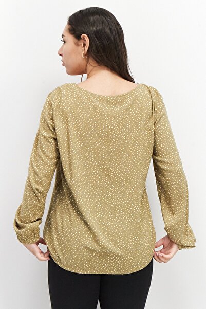 Esprit Women  V-Neck Long Sleeves Pola Dots Blouse, Khaki/White
