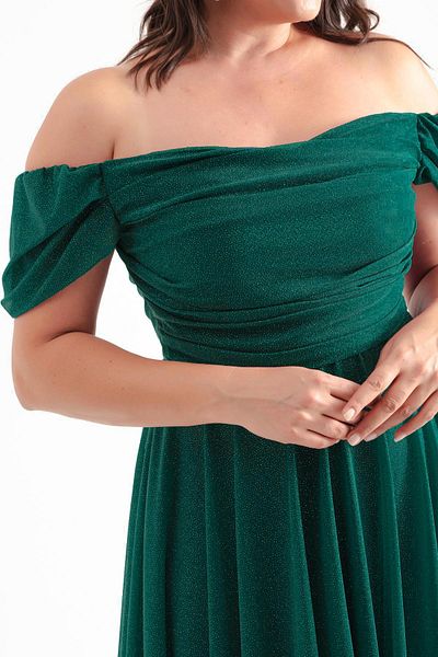 Lafaba Emerald Green Draped Midi Evening Dress - Boat Neck Plus Size Dress