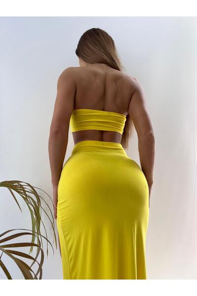 pink life Yellow Sandy Fabric Buckle Bustier and Skirt Double Set