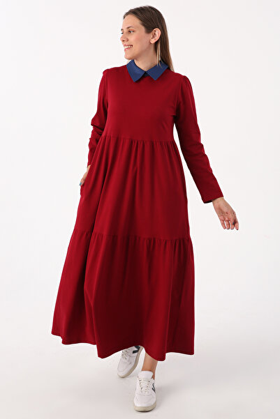 ALLDAY Burgundy Cotton Shirt Collar Pocket Ruffle Knitted Dress