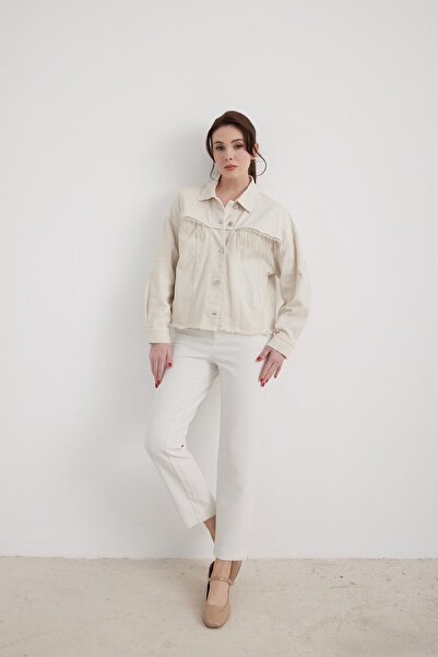 LEVURE Püskül Detaylı Kadın Kot Ceket TAŞ