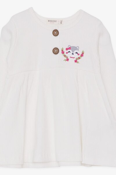 Breeze Girl's Long Sleeve Dress with Fox Embroidery, 1.5-5 Years, Ecru