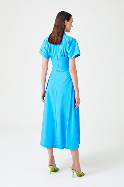 Jus De Pommes MAVİ KISA KOLLU KEMERLİ UZUN GÖMLEK ELBİSE
