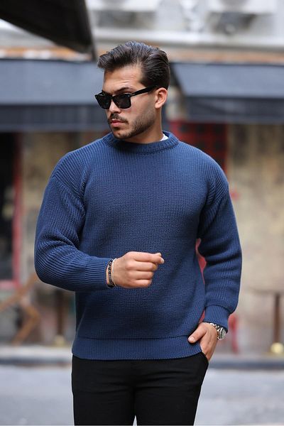 Valiberta Oversize Thessaloniki Braided Crew Neck Men's Sweater - Indigo