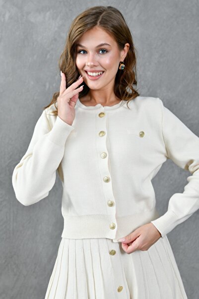 bayansepeti Stretchy Knitwear Fabric - Buttoned Design Cardigan and Pleated Mini Skirt Set 1150