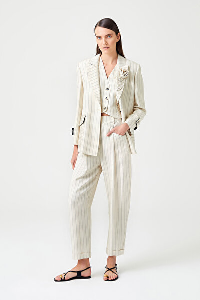 Jus De Pommes BEJ ÇİZGİLİ YELEK CEKET PANTOLON KADIN TAKIM