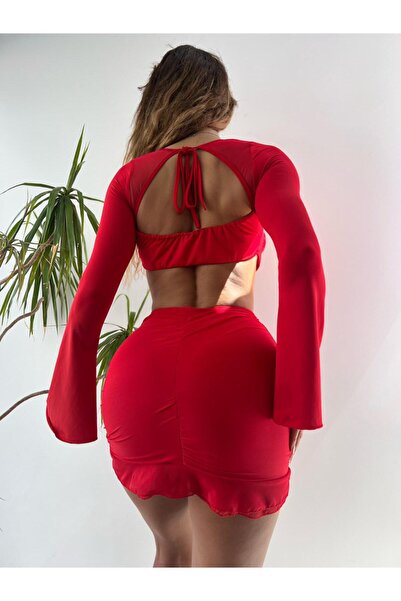 pink life Kırmızı Tül Detaylı Büzgülü Etekli Ikili Takım