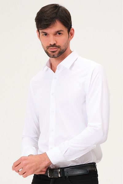BAYEFENDİ Ανδρικό πουκάμισο Slim Fit Λευκό Σατέν - Κουτί δώρου
