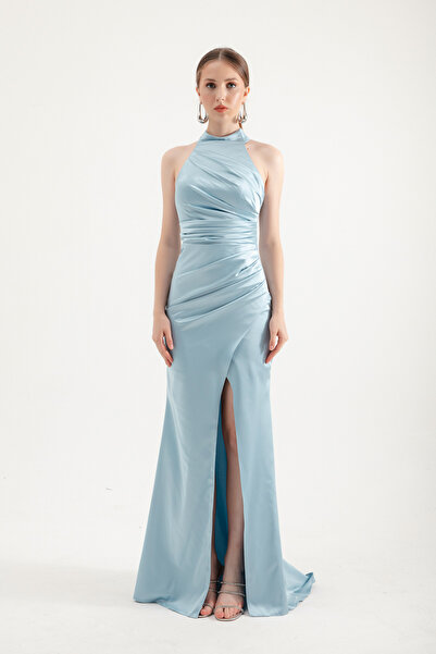 Lafaba Rochie de seară de damă din satin, lungă, cu decolteu, albastru