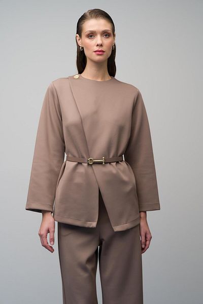 Olcay Set jachetă și pantaloni cu centură din material Scuba - nurcă 9261-TK