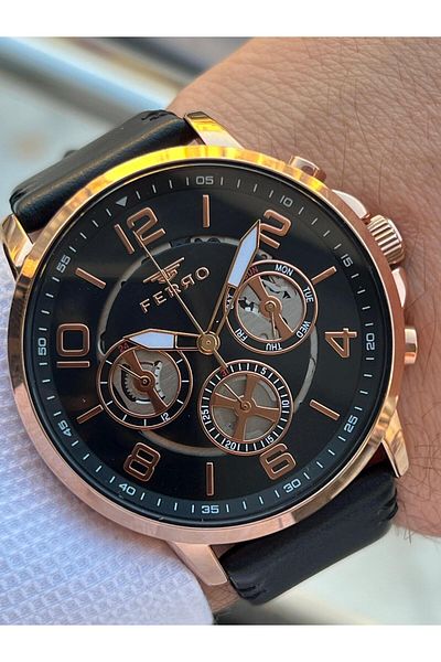 FERRO Leather Cord Inner Functions Active 3 Atm Water Resistant Men's Wristwatch Efm11146-R