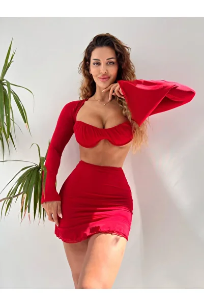 pink life Red Tulle Detailed Drawstring Skirt Double Set