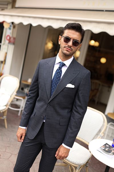 AEK FIORE Men's Navy Blue Plaid Suit