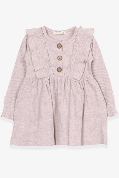 Breeze Girl's Long Sleeve Dress with Frilly Button Detail, Age 1.5-5, Beige Melange