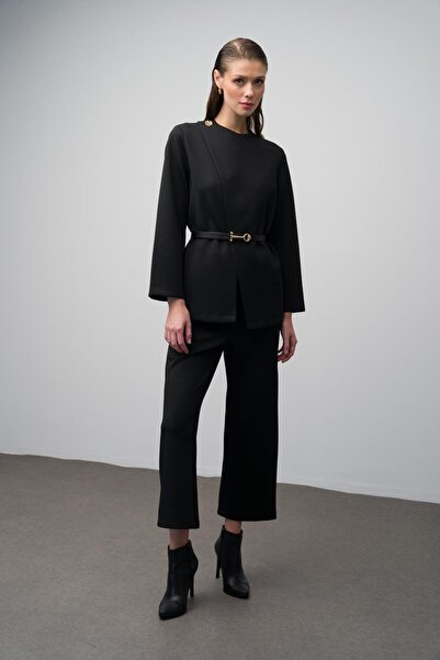 Olcay Búvárszövet övkabát és nadrág szett - FEKETE 9261-TK