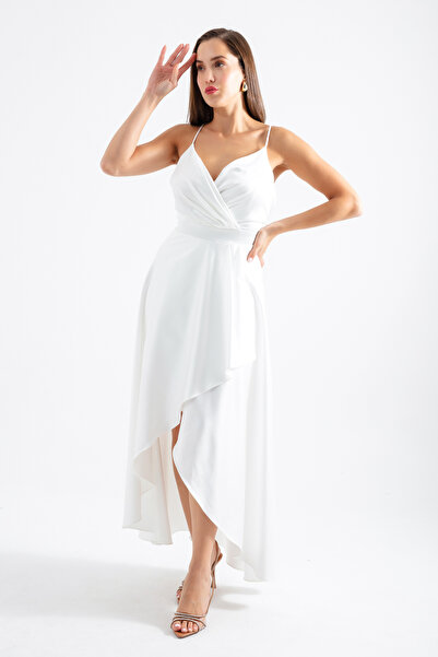 Lafaba Rochie de seară midi din satin, albă, cu guler dublu