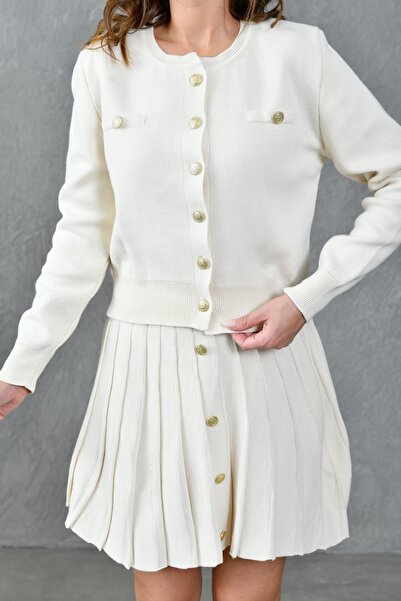 bayansepeti Stretchy Knitwear Fabric - Buttoned Design Cardigan and Pleated Mini Skirt Set 1150