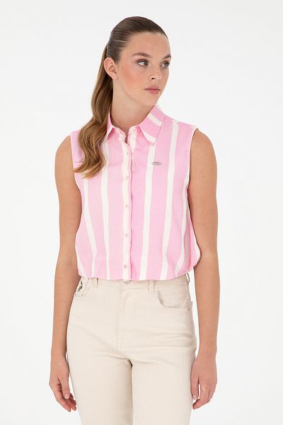U.S. Polo Assn. Cămașă cu mânecă scurtă cu dungi roz pentru femei 50283454-VR041