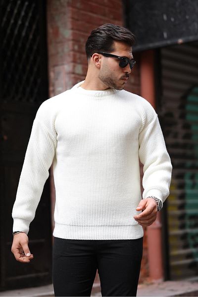 Valiberta Men's Knitwear Sweater - Oversize, Thessaloniki Knitted, Crew Neck, Ecru