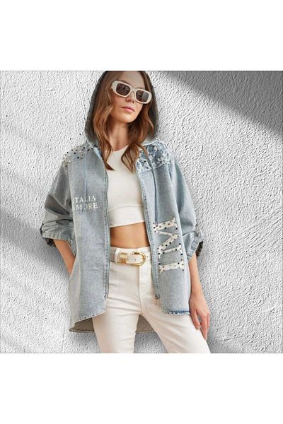 İnci Jeans Jacket with Stones and Hood