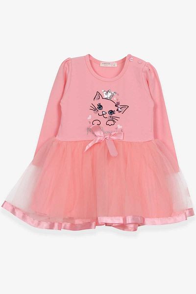 Breeze Girl's Long Sleeve Dress with Cat Embroidery and Sequins 1.5-5 Years, Salmon