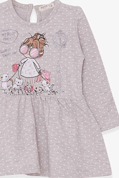 Breeze Girl's Long Sleeve Dress Glittery Printed Girl with Glasses 1-4 Years, Beige Melange