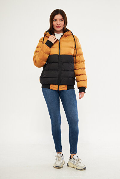 Avones Women's Jesika Fabric Garnished Zippered Hooded Puffer Jacket